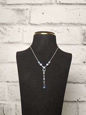 Blue Crystal Lariat Necklace Silver Tone Y Drop Dainty Statement